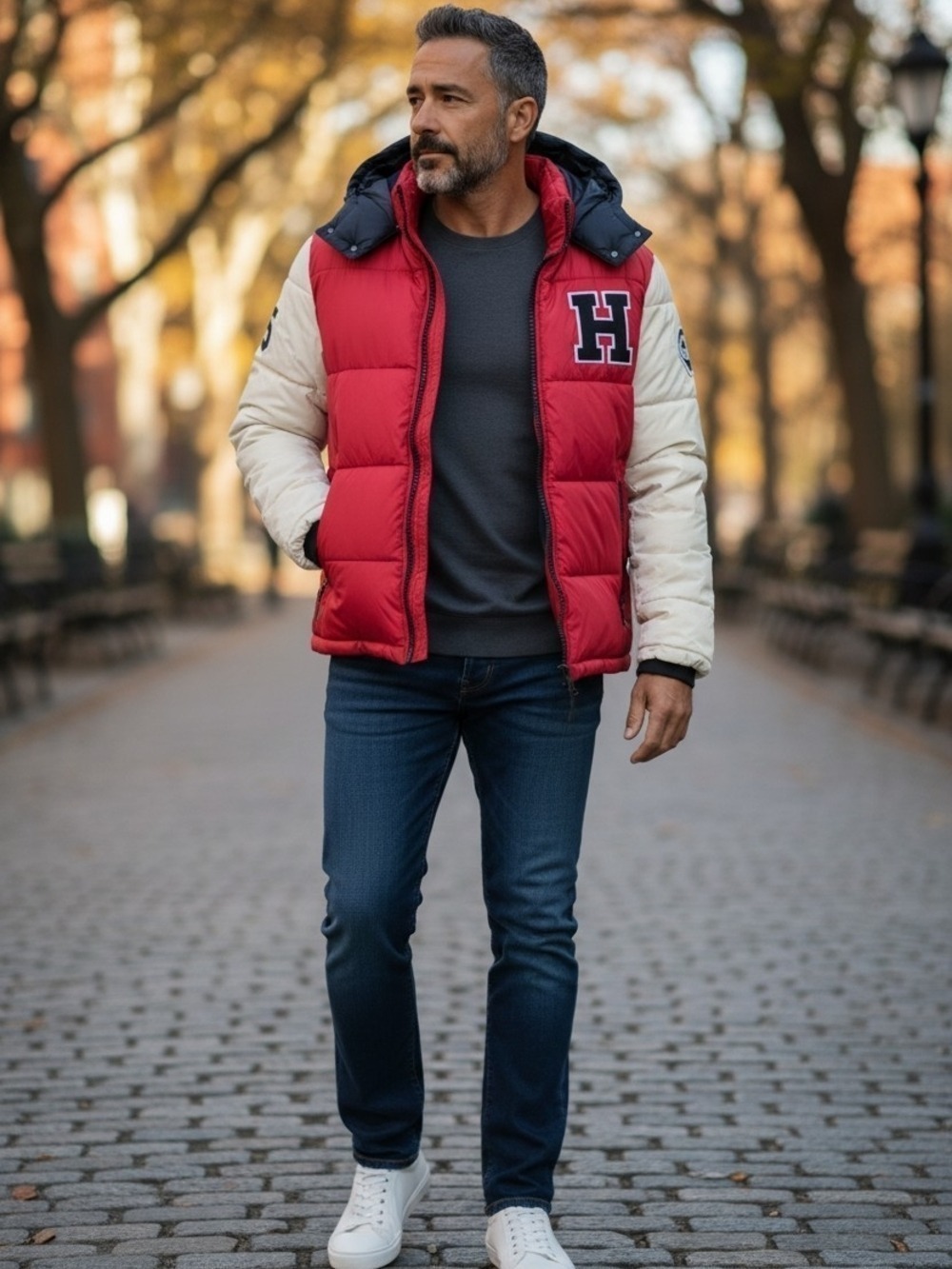 Tommy Hilfiger Red and Cream Hooded Puffer Jacket Xl